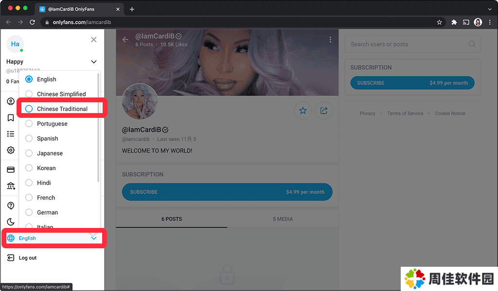 OnlyFans 改为中文版（电脑）：改为 Chinese